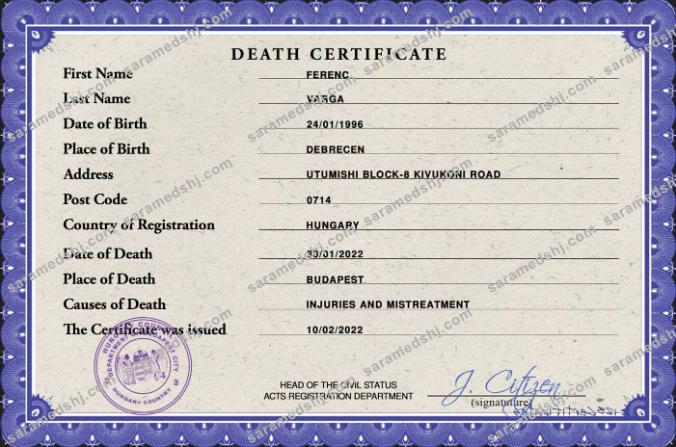 Hungary vital record death certificate PSD